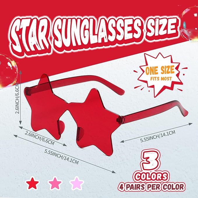 12/26/36 Pairs Rimless Star Shaped Sunglasses Transparent Glasses Bulk Fun Sunglasses for Party Favors