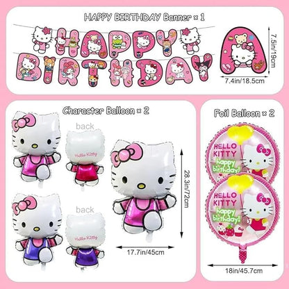 49Pcs - Kitty Birthday Party Decorations Set, Pink Theme with Banner, Balloons, Tablecloth, Cake Toppers..。