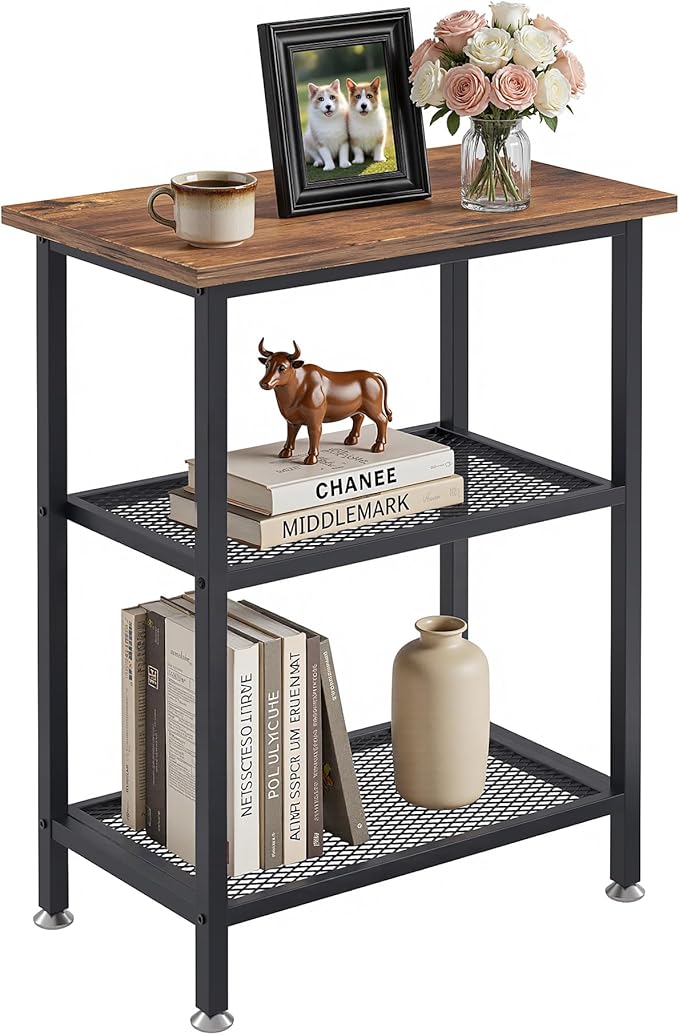 VECELO Tall End Side Tables,30" Height Nightstand with 3-Tier Storage Shelf for Bedroom Living Room, Easy Assembly,Industrial Style, Brown