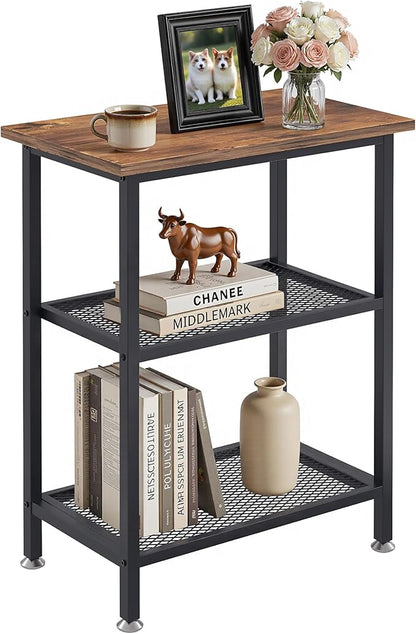 VECELO Tall End Side Tables,30" Height Nightstand with 3-Tier Storage Shelf for Bedroom Living Room, Easy Assembly,Industrial Style, Brown