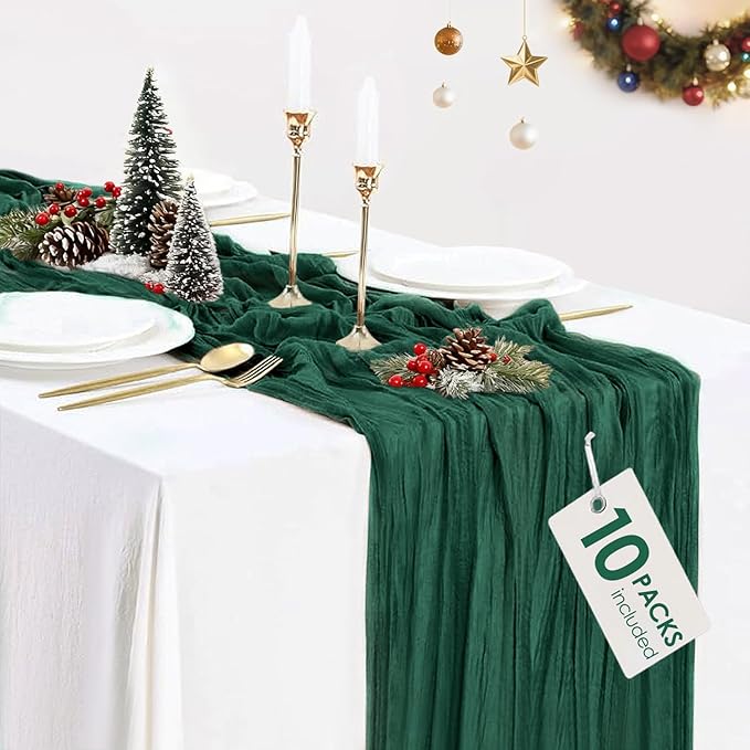 10 Pack Emerald Green Cheesecloth Christmas Table Runner 35 x 120 inch Long Boho Cheese Cloth Gauze Table Runners for Wedding Bridal Shower Birthday Party Christmas Decorations