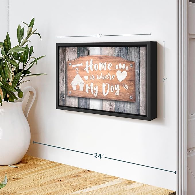 Elephant Stock Home Is Where My Dog Is Wall Art - Horizontal Floating Framed Canvas - 1-Piece Living Room Wall Decor - Pet Digital Art Canvas Print - Gray and Beige Decor for Wall - 13" X 9"