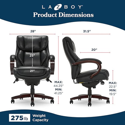 La-Z-Boy® Bellamy Executive Office Chair with Memory Foam Cushions, Real Wood Arms and Swivel Base, Waterfall Seat Edge, Faux Bonded Leather, Black