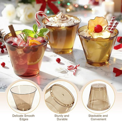150 Pack Plastic Cups 9 oz Brown Clear Plastic Cups for Cocktail Fancy Disposable Cup for Party Stemless Wine Glasses for Wedding Thanksgiving Christmas Party Graduation