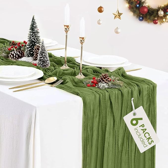6 Pack Olive Green Christmas Cheesecloth Table Runner Gauze Fabric Table Runner 10FT Boho Sheer Runner for Wedding Party Baby Shower Birthday Home Decor Holiday Decorations