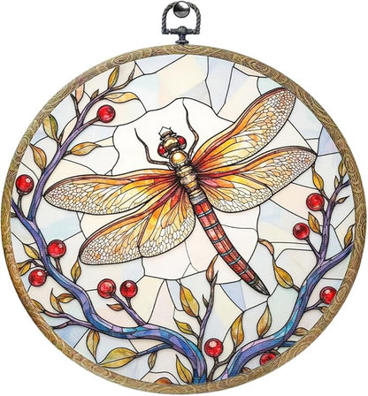 Cute Flower Dragonfly Gifts for Women Men, Garden Dragonfly Decor Framed Round Wall Decor Canvas Wall Art Hanging Prints Artwork for Home Farmhouse Bedroom Living Room Decorations 10.2X10.2 Inch