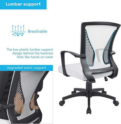 Furmax Office Chair Ergonomic Computer Desk Mesh Chair Mid Back Swivel Lumbar Support with Armrest (2, White)