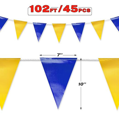 Blue & Yellow Pennant Banner Flags | Heavy-Duty Outdoor | OSHA 500lb Rated | Strand Fade Resistant 【102FT】