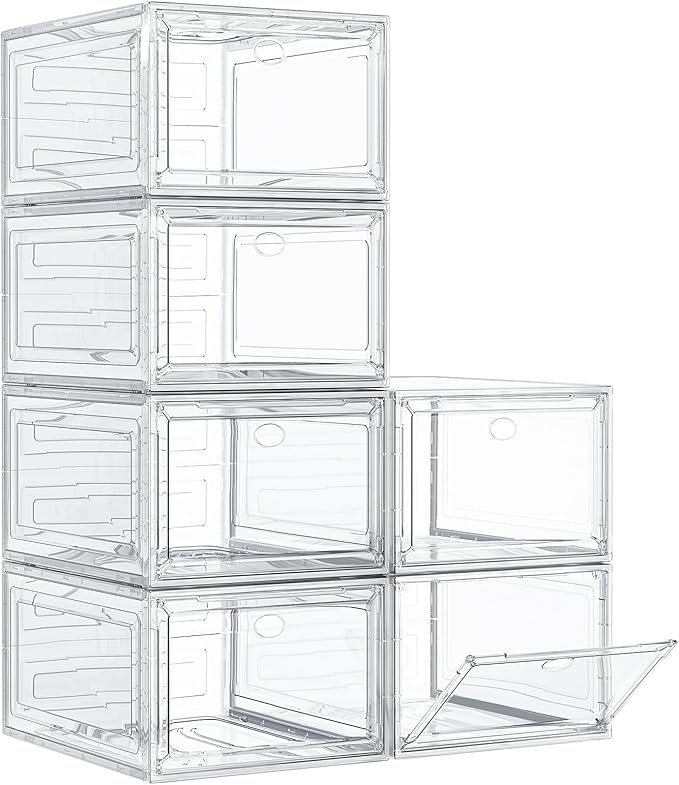 Thickened Clear Shoe Storage Organizer with Magnetic Door, Sturdy Stackable Shoe Boxes for Closet, Collapsible Space-Saving Shoe Rack for Sneakers & Boots, Plastic Shoe Cabinet Box Set, 6 Pack, White