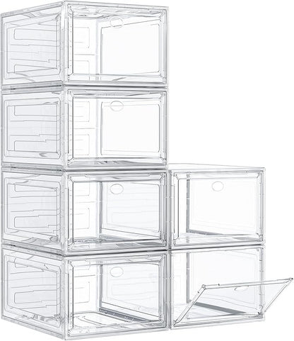 Thickened Clear Shoe Storage Organizer with Magnetic Door, Sturdy Stackable Shoe Boxes for Closet, Collapsible Space-Saving Shoe Rack for Sneakers & Boots, Plastic Shoe Cabinet Box Set, 6 Pack, White