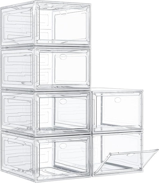 Thickened Clear Shoe Storage Organizer with Magnetic Door, Sturdy Stackable Shoe Boxes for Closet, Collapsible Space-Saving Shoe Rack for Sneakers & Boots, Plastic Shoe Cabinet Box Set, 6 Pack, White
