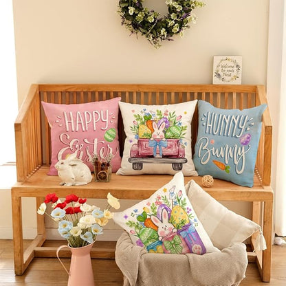 GEEORY Happy Easter Eggs Hunny Bunny Throw Pillow Covers 16x16 Inch Set of 4, Peeps Mason Jars Truck Spring Decorative Farmhouse Holiday Cushion Case for Home Decoration G688-16