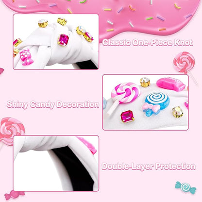 Candy Knotted Headband for Women, Lollipop Sugar Charms Rhinestone Jeweled Embellished Top Knot Wide Cute Headband for Girls, Fashion Hairband Hair Accessories Birthday Holiday Party Gift - White