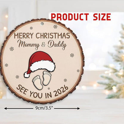 Baby Expecting See You in 2026, Merry Christmas Mommy and Daddy 2 Layered Wooden Ornament, Baby Coming Soon, Pregnancy Announcement Ornament