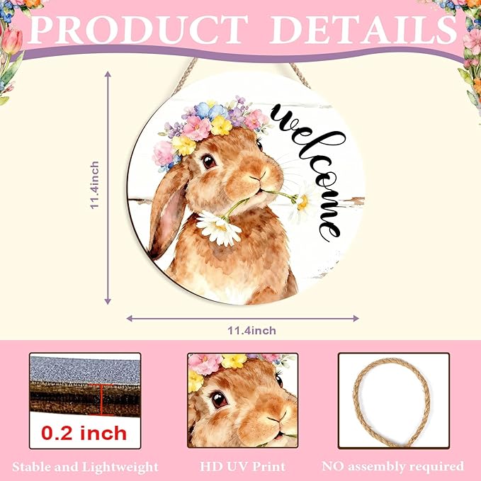 Kercan Easter Decor Door Sign, Religious Easter Decorations for Home, Spring Welcome Sign for Front Door, Bunnies Wood Signs, Bunny Egg Decor Wood Hanging Sign Gifts