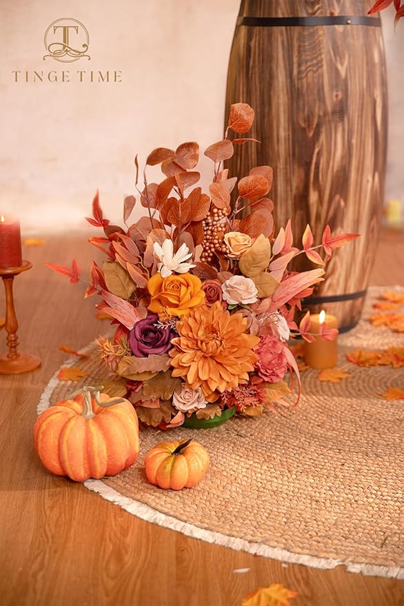 TINGE TIME Free-Standing Artificial Flower Set of 2, Table Centerpiece with Rubber Pad, Silk Fake Flower for Fall Wedding Centerpiece Archway Aisle Welcome Entrance (Maple Red)