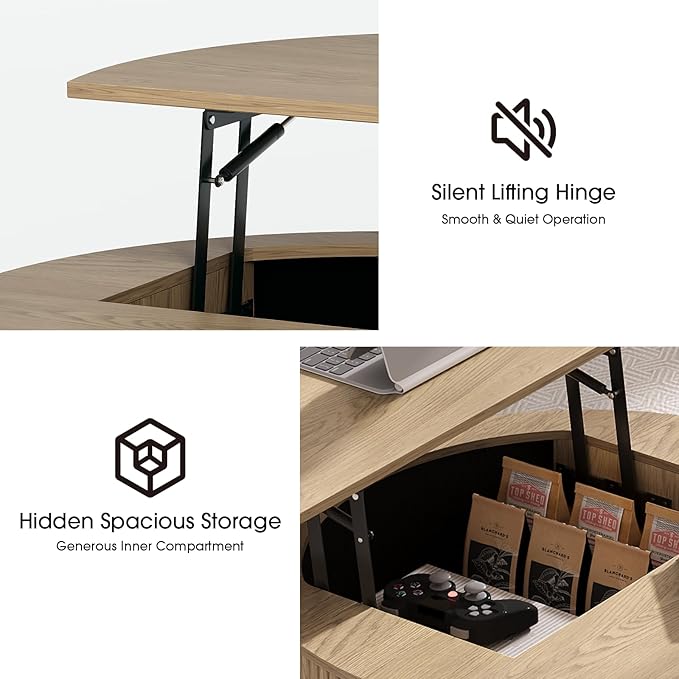 31.5" Round Lift Top Coffee Table,Natural Oak Modern Fluted Drum Center Table with Hidden Storage, Japandi Scandi Wood Circle Desk for Boho Living Room & Apartment