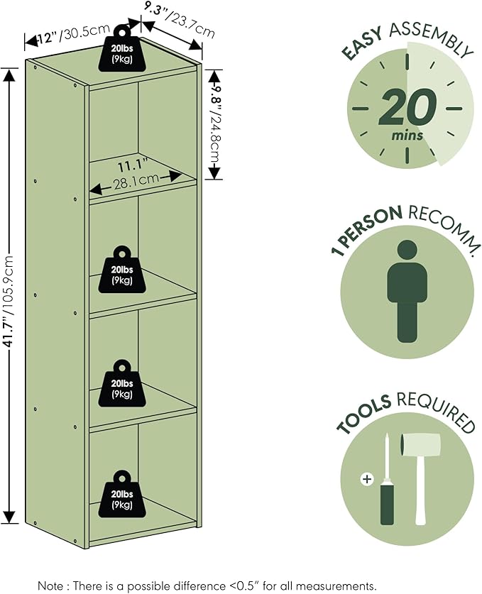 Furinno PASIR Book Shelf, 4-Tier Modern Bookshelf, Open Shelves Bookcase 9 x 12 x 42, for Living Room, Bedroom, Home Office, Blackwood
