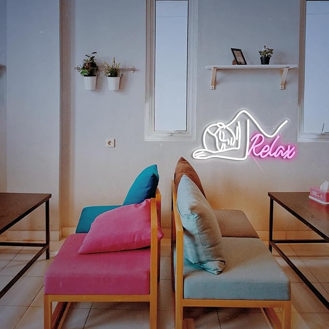 Dimmable Relax Neon Sign Led Woman Relax Neon Light for Wall Decor White Pink Lady Body Neon Wall Light Up Sign for Beauty Salon Massage Shop Ladies Room Decor Gifts for girls (16.7‘’*8.7‘’USB）
