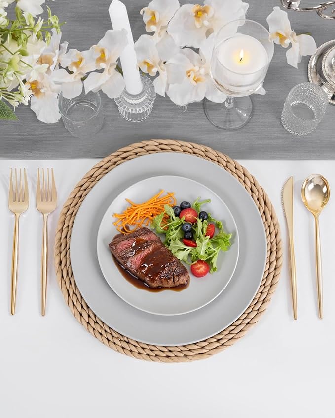 WONDERFUL 32pcs Light Grey Plastic Plates Reusable Unbreakable & Dishwasher safe Dishes Set Outdoor Plates Includes:16 Dinner 10" and 16 Dessert Plate 7.3" Ideal for BBQ Camping Christmas New Year