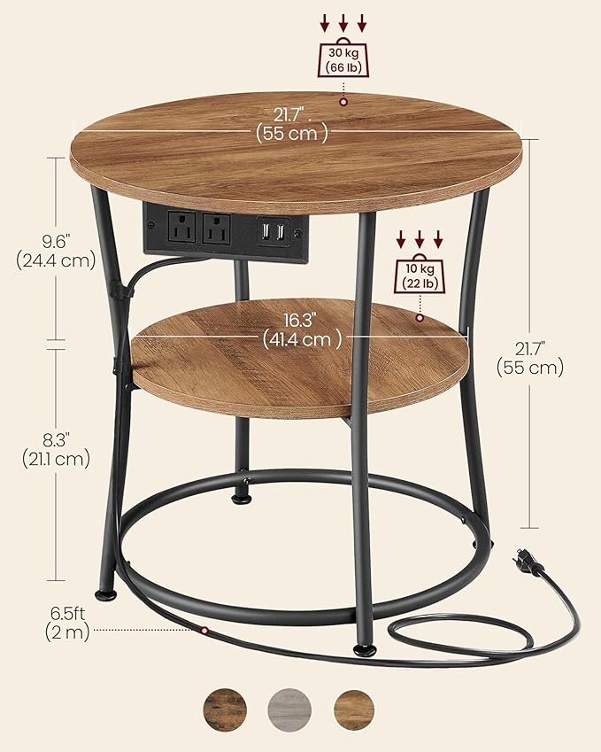 VASAGLE 21.7-Inch Round Side Table, 2-Tier End Table with Power Outlets, Nightstand with Steel Frame, Spacious Top, for Small Spaces, Living Room, Bedroom, Honey Brown and Ink Black ULET077K02