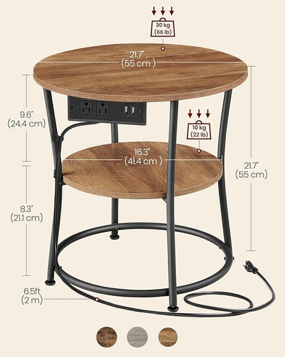 VASAGLE 21.7-Inch Round Side Table, 2-Tier End Table with Power Outlets, Nightstand with Steel Frame, Spacious Top, for Small Spaces, Living Room, Bedroom, Honey Brown and Ink Black ULET077K02