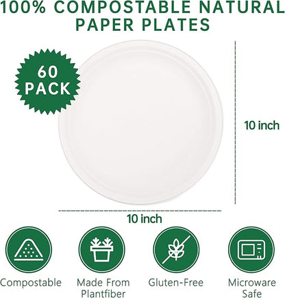 DaYammi 100% Compostable Paper Plates 10 Inch, 60-Pack Heavy Duty Paper Plates Bulk,Biodegradable Bagasse,Eco-Friendly Disposable Dinner Plate for BBQ,Picnic,Party (BPI Certified,Microwaveable)