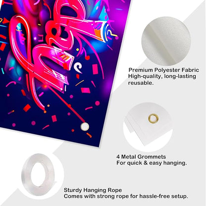 Nuxovilar Happy Birthday Banner Decorations 17.72x78.74 Inch Graffiti Neon Theme - Polyester for Indoor Outdoor Birthday Party Decor
