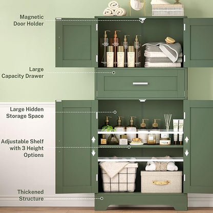 TEENFON Bathroom Floor Storage Cabinet with Adjustable Shelf, Freestanding Storage Cabinet with 4 Doors, Cupboard for Living Room, Home Office, Entryway, Forest Green