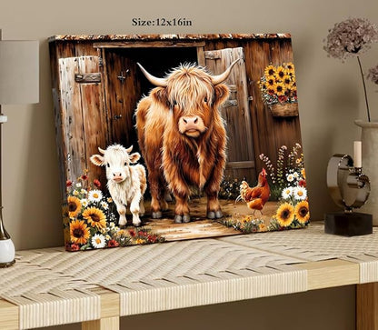 ZOIYINO Farmhouse Highland Cow Wall Art Rustic Country Sunflower Cow Pictures Wall Decor,Farm Animal Cattle Sunflower Prints Painting Modern Artwork Bedroom Living Room Home Decorations 12"X16"