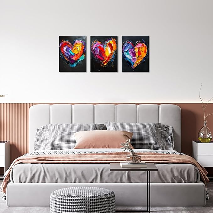 KLVOS 3 Panel Colorful Heart Wall Art Graffiti Canvas Prints Valentine's Day Love Art Abstract Paintings for Office Couple Bedroom Decoration