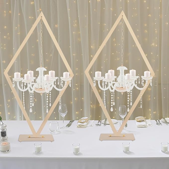 2PCS Metal Creative Diamond Candle Holder | 45" Diamond Candlestick Centerpieces | with Acrylic Crystal Drops | Gold Candelabra Stand for Weddings, Parties, Celebrations