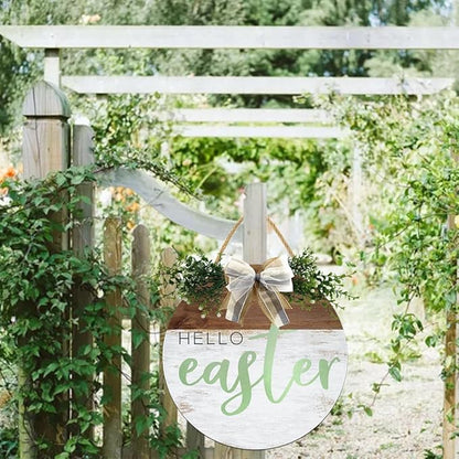 Boylee Easter Wooden Hanging Sign Hello Easter Sign Door Decoration with Bow Rustic Easter Wood Wreath Sign for Easter Spring Holiday Home Coffee Shop Bakery Farmhouse Window