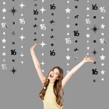Silver Black 16th Birthday Decorations Number 16 Circle Dot Twinkle Star Garland Banner Backdrop for Girls Boys Happy 16th Birthday Sweet Sixteen 16th Anniversary Cheers to 16 Years Party Decor