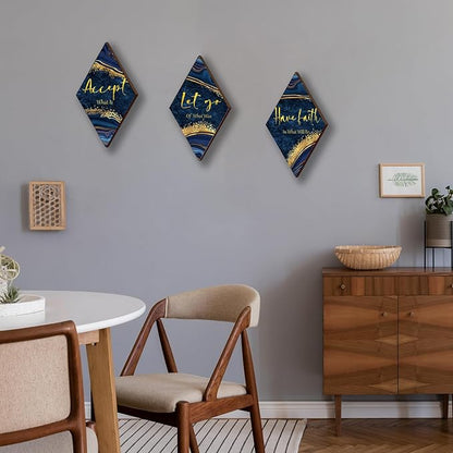 3Pcs Blue And Gold Bathroom Decor Gold Wall Decor with Accept Let Go Have Faith Quote Rustic Vintage Farmhouse Wooden Hanging Signs for Women Home Laundry Living Bedroom(12x7)