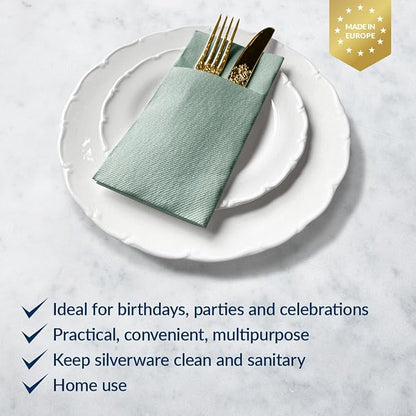 PAW - Sage Linen Feel Napkins with Built-in Flatware Pocket, Airlaid Paper Pre-Folded Napkins for Silverware, Wedding Party, Dinner, Birthday, Gatherings, Monocolor Light Green, 50 Count