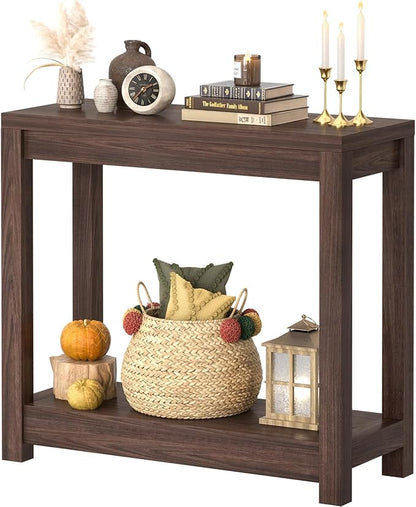 Small Farmhouse Wood Entryway Table Narrow Console Table with Storage Behind Couch Sofa Table with Shelves Entry Way Tables with Open Storage, Easy Assembly, 32" Black Walnut