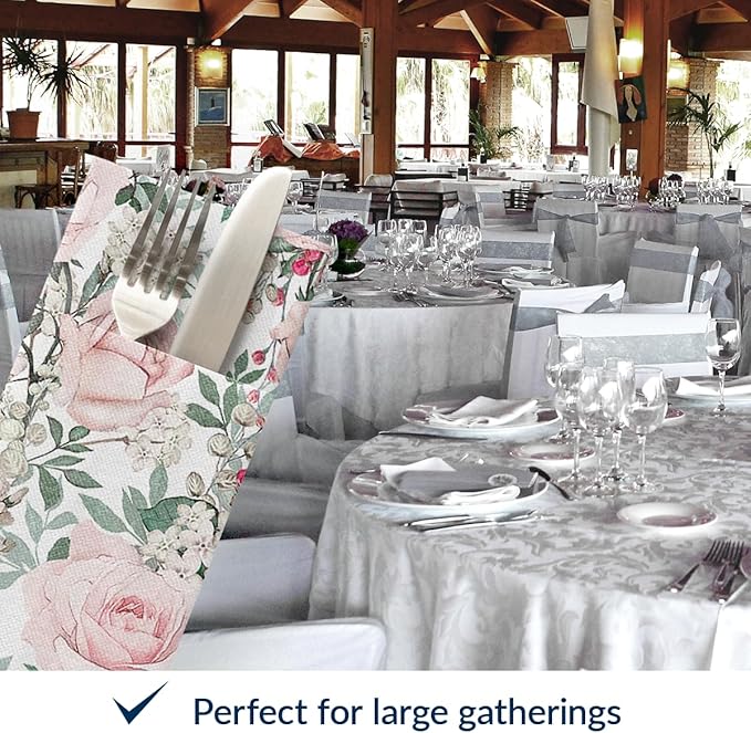 PAW - Linen Feel Napkins with Built-in Flatware Pocket, Airlaid Paper Pre-Folded Napkins for Silverware, Wedding Party, Dinner, Birthday, Gatherings, Floral Roses Design, 50 Count