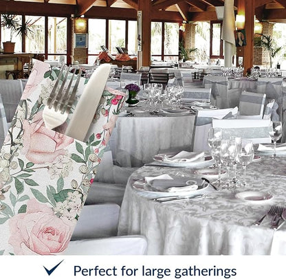 PAW - Linen Feel Napkins with Built-in Flatware Pocket, Airlaid Paper Pre-Folded Napkins for Silverware, Wedding Party, Dinner, Birthday, Gatherings, Floral Roses Design, 50 Count