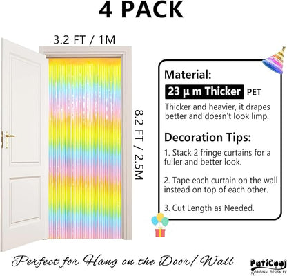 Thicken Pastel Rainbow Streamers 4 Pack 3.2 x 8.2 FT, Pastel Birthday Decrorations Tinsel Backdrop Curtains, Foil Fringe Photo Backdrop for Baby Shower, Easter, Spring Party Decorations