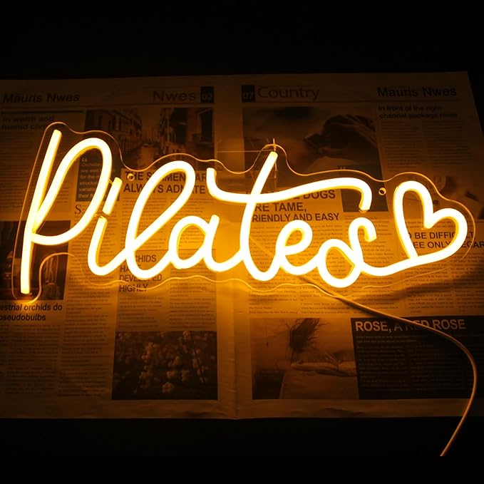 Pilates Neon Sign Yoga LED Neon Lights Signs Orange Letter with Love Neon Signs for Wall Motivational Wall Art Pilates Neon Light Up Sign for Gym Yoga Studio Bedroom Pilates Pavilion Decor