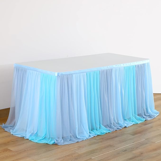 Tulle Table Skirt Blue Tutu Striped Table Skirts for Rectangle Tables 6ft Baby Shower Under the Sea Baby Shark Birthday Parties Decoration