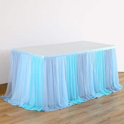 Tulle Table Skirt Blue Tutu Striped Table Skirts for Rectangle Tables 6ft Baby Shower Under the Sea Baby Shark Birthday Parties Decoration