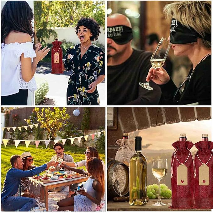 Homum 12Pcs Premium Burlap Wine Bags, Reusable Wine Bottle Bags for Weddings, Parties, Blind Tastings, Christmas, Birthdays, Housewarming, Home Storage (Red)