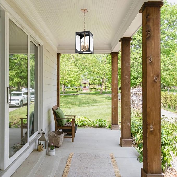 BONLICHT Large Outdoor Pendant Light Fixture 5 Light Modern Black Brass Outdoor Chandelier Porch Light with Clear Glass Exterior Pendant Lamp Ceiling Mount Hanging Lantern for Hallway Entrance Outside