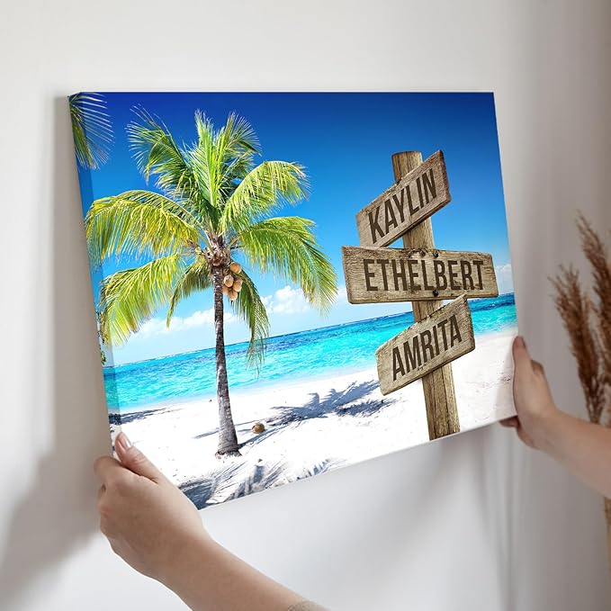 DemCanvas Custom Family Names on Rustic Directional Sign Housewarming & Customized Names Decor, Custom Wooden Signs Family Canvas, Ocean and Coconut Tree, Street Sign Canvas