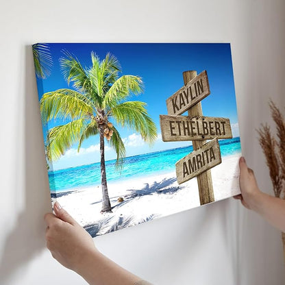 DemCanvas Custom Family Names on Rustic Directional Sign Housewarming & Customized Names Decor, Custom Wooden Signs Family Canvas, Ocean and Coconut Tree, Street Sign Canvas