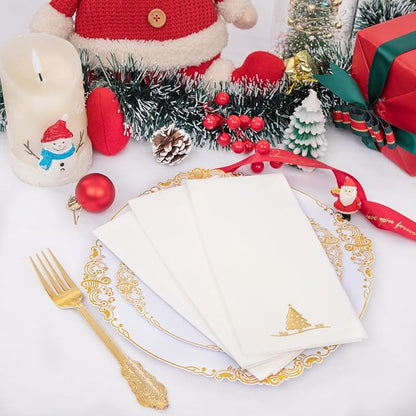 100PCS Christmas Napkins Disposable - Gold Paper Napkins with Built-in Flatware Pocket Prefolded Cloth Like - Heavy-duty Linen-Feel Dinner Napkins for Christmas & Party