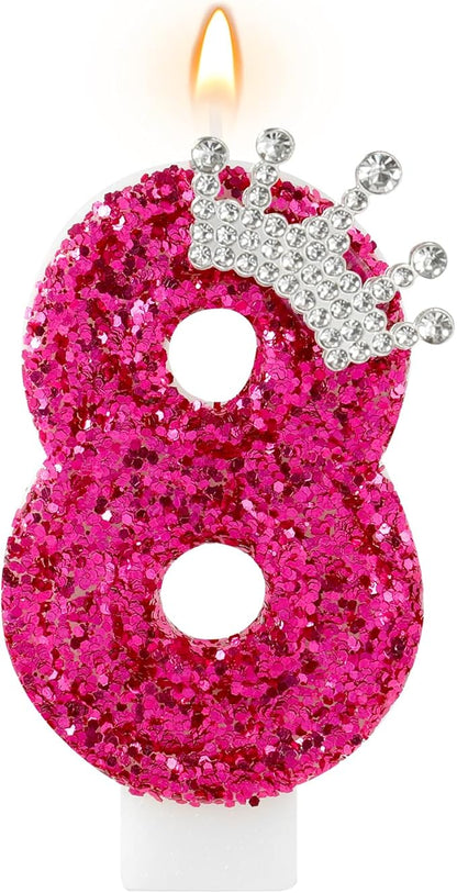 Hot Pink Birthday Candles Crown Number 8 Candle 8th Birthday Party Decorations Cake Topper Cupcake Decor for Anniversary Celebrations Supplies