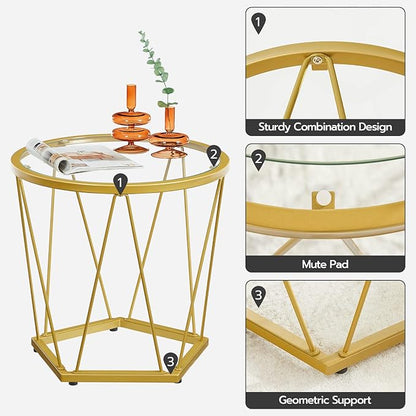 HOOBRO Small Coffee Table Set of 2, Round Coffee End Table with Metal Frame, Glass Tabletop, Gold Side Table for Living Room, Bedroom and Balcony, Modern Style, Gold GD79BZ01